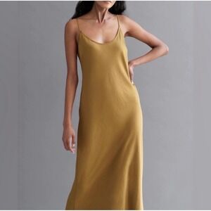 Jenny Kayne Rio Satin Slip Dress in Bronze L Spaghetti Strap Evening Midi Gown